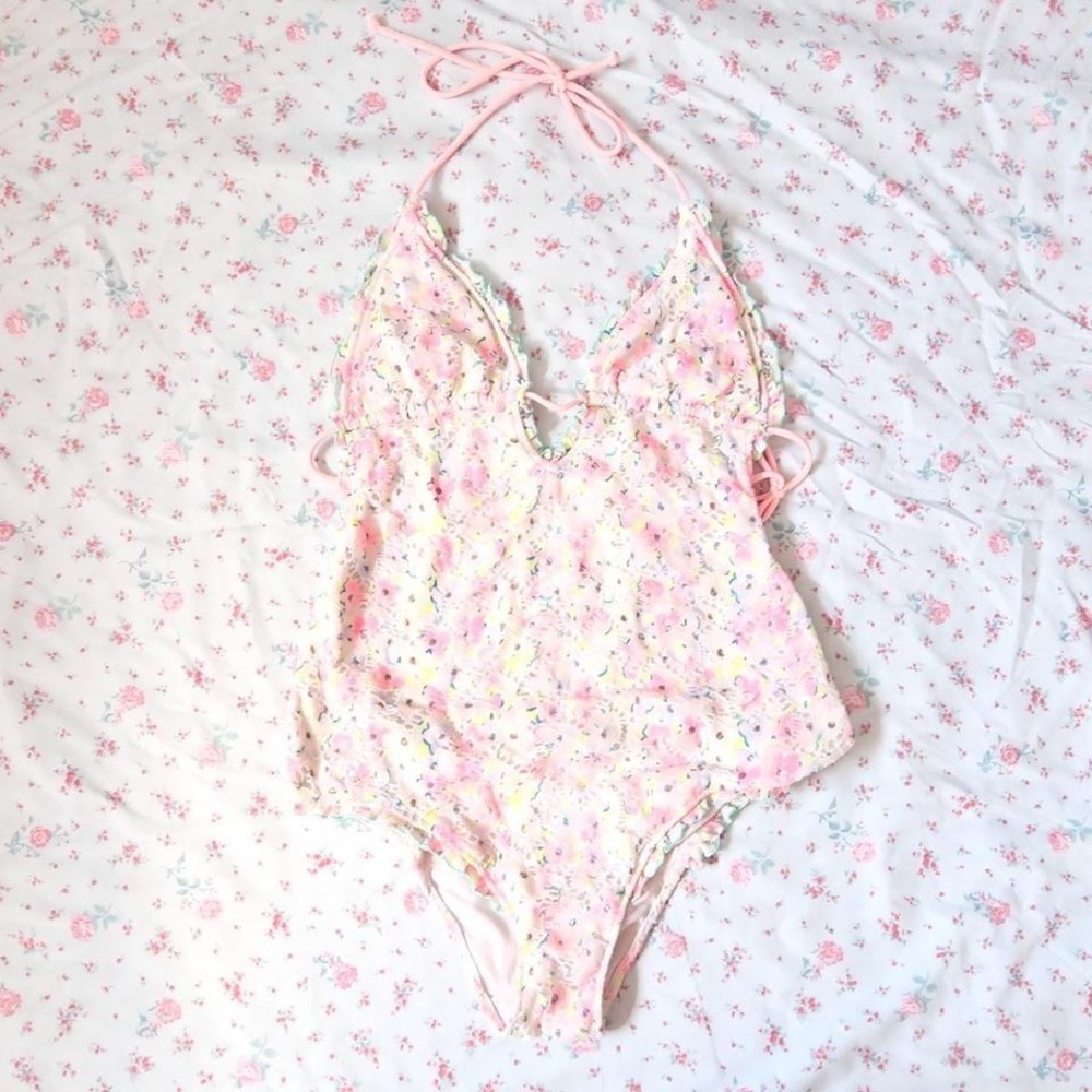 vintage victoria's secret floral eyelet lace halter one piece swimsuit y2k